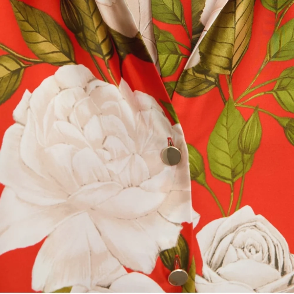 ZARA LONG PRINTED SHIRT Satin effect with V-neck color red Bloggers  Favorite - Picture 11 of 13